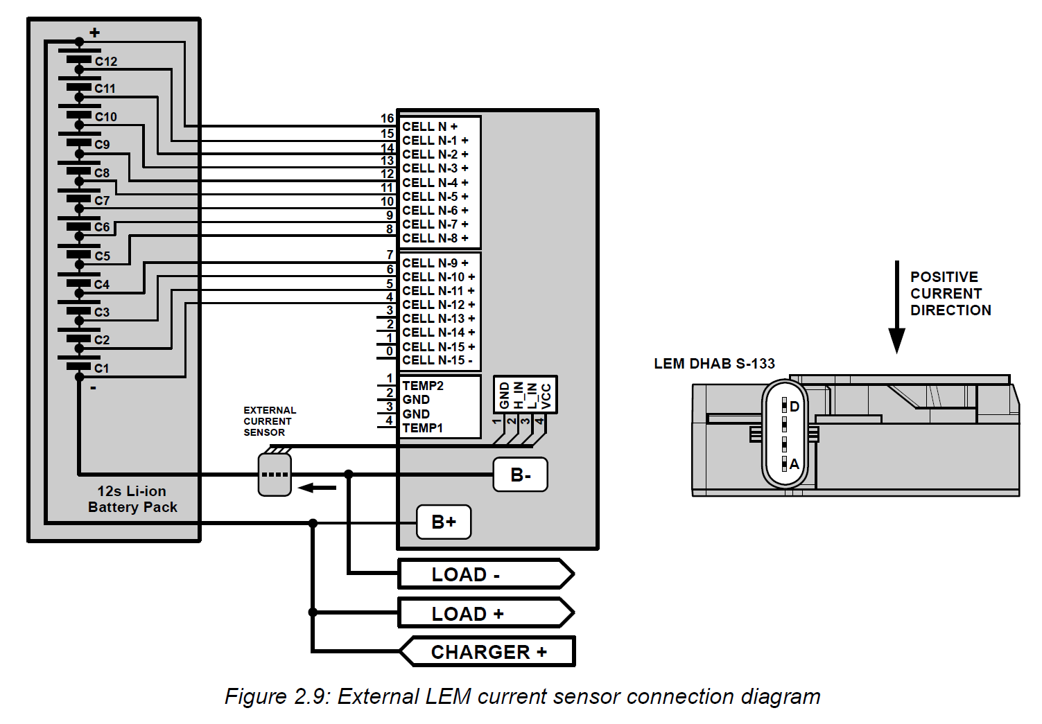 External LEM DHAB S - 133 current sensor connection diagram to Battery Management System (BMS) For Prototype And Industrial Applications 30A BMS, 150A BMS, 750A BMS