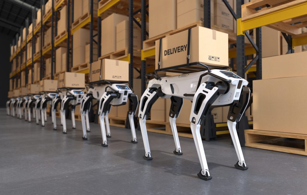 Robotic delivery dog in a factory, Concept Robot dog delivering