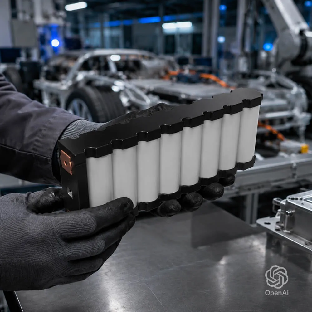 Generated image representing a person in a car workshop holding ENEPAQ Battery Modules